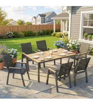 Conjunto de Mesa y Sillas Jardín con Mesa con Tablero de Listones y 6 Sillas Transpirables para Terraza Patio Negro