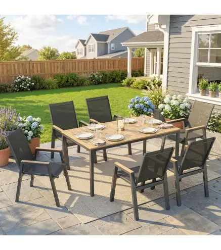 Conjunto de Mesa y Sillas Jardín con Mesa con Tablero de Listones y 6 Sillas Transpirables para Terraza Patio Negro