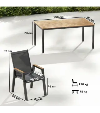 Conjunto de Mesa y Sillas Jardín con Mesa con Tablero de Listones y 6 Sillas Transpirables para Terraza Patio Negro