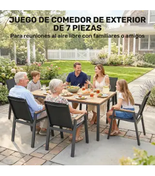 Conjunto de Mesa y Sillas Jardín con Mesa con Tablero de Listones y 6 Sillas Transpirables para Terraza Patio Negro