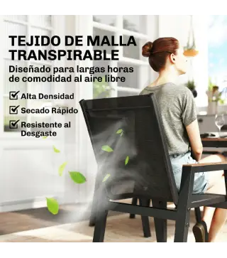 Conjunto de Mesa y Sillas Jardín con Mesa con Tablero de Listones y 6 Sillas Transpirables para Terraza Patio Negro