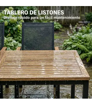 Conjunto de Mesa y Sillas Jardín con Mesa con Tablero de Listones y 6 Sillas Transpirables para Terraza Patio Negro