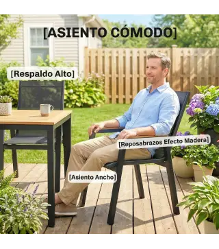 Conjunto de Mesa y Sillas Jardín con Mesa con Tablero de Listones y 6 Sillas Transpirables para Terraza Patio Negro