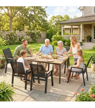 Conjunto de Mesa y Sillas Jardín con Mesa con Tablero de Listones y 6 Sillas Transpirables para Terraza Patio Negro