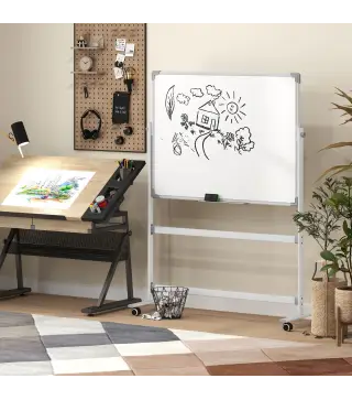 Pizarra Blanca Móvil de Doble Cara Magnética 120x90 cm con Soporte y Tablero Inclinado en 3 Niveles 127x50x165 cm Blanco