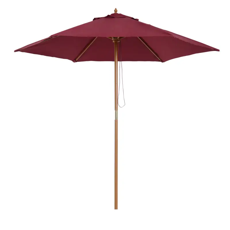 Sombrilla Parasol de Madera Ø250x230cm para Exterior con 6 Varillas Sistema de Polea Color Granate