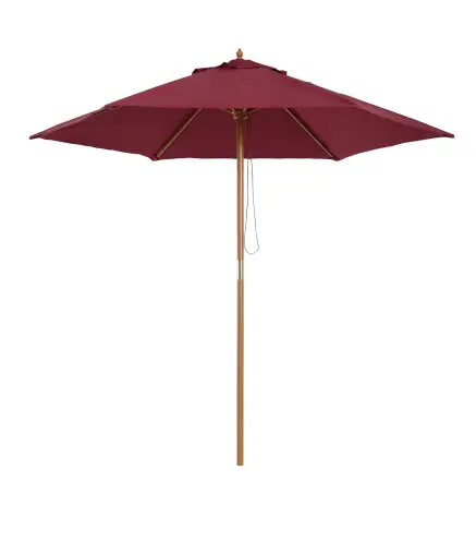 Sombrilla Parasol de Madera Ø250x230cm para Exterior con 6 Varillas Sistema de Polea Color Granate
