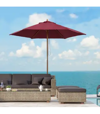 Sombrilla Parasol de Madera Ø250x230cm para Exterior con 6 Varillas Sistema de Polea Color Granate