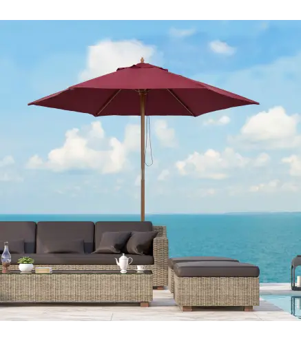 Sombrilla Parasol de Madera Ø250x230cm para Exterior con 6 Varillas Sistema de Polea Color Granate