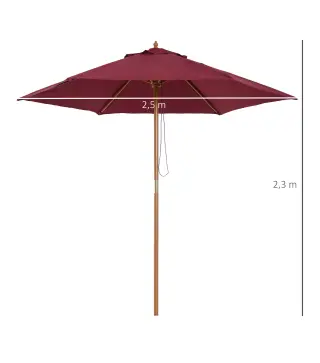 Sombrilla Parasol de Madera Ø250x230cm para Exterior con 6 Varillas Sistema de Polea Color Granate