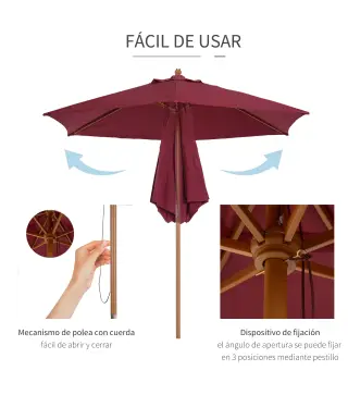 Sombrilla Parasol de Madera Ø250x230cm para Exterior con 6 Varillas Sistema de Polea Color Granate