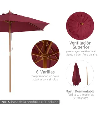 Sombrilla Parasol de Madera Ø250x230cm para Exterior con 6 Varillas Sistema de Polea Color Granate