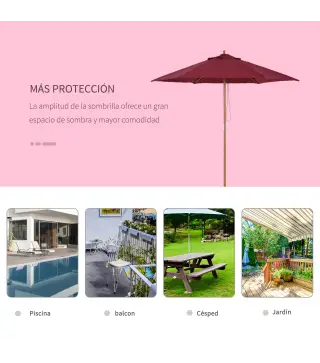 Sombrilla Parasol de Madera Ø250x230cm para Exterior con 6 Varillas Sistema de Polea Color Granate