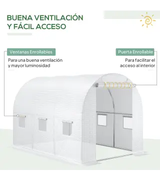 Lona de Repuesto para Invernadero Túnel 6 m², lona PE Anti-UV impermeable 6 ventanas + Puerta Enrollable con cremallera Blanco