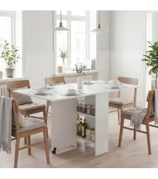 Mesa Plegable de Comedor con Ruedas Alas Abatibles y Estantes para 4-6 Personas 75x140x74 cm Blanco