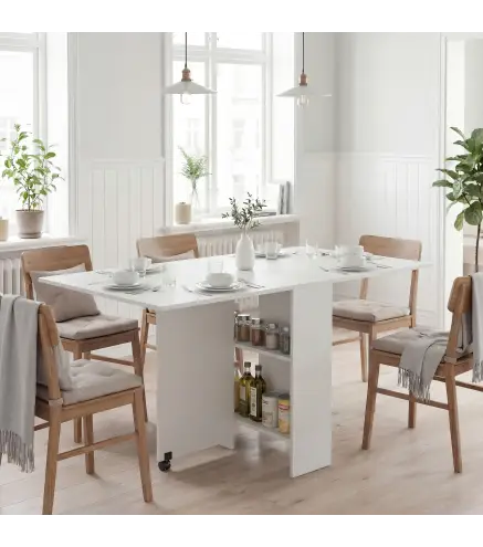 Mesa Plegable de Comedor con Ruedas Alas Abatibles y Estantes para 4-6 Personas 75x140x74 cm Blanco