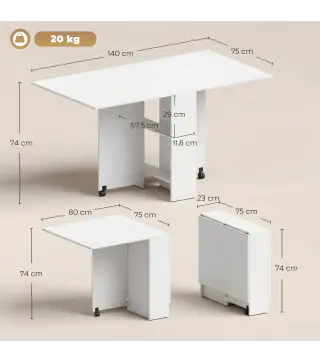 Mesa Plegable de Comedor con Ruedas Alas Abatibles y Estantes para 4-6 Personas 75x140x74 cm Blanco