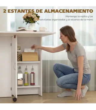 Mesa Plegable de Comedor con Ruedas Alas Abatibles y Estantes para 4-6 Personas 75x140x74 cm Blanco