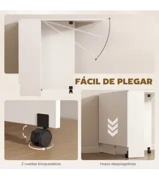 Mesa Plegable de Comedor con Ruedas Alas Abatibles y Estantes para 4-6 Personas 75x140x74 cm Blanco