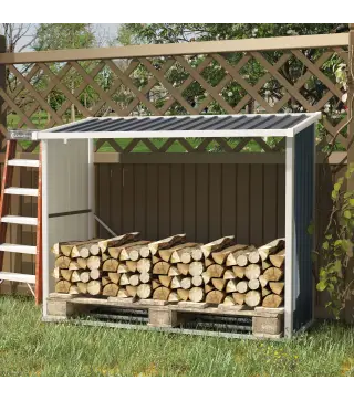 Casetilla para Leña Acero Galvanizado Cobertizo Leñero de Almacenamiento de Troncos con Techo Inclinado para Jardín Terraza Exte