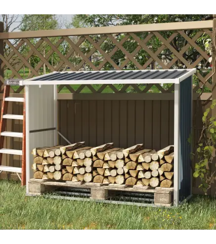 Casetilla para Leña Acero Galvanizado Cobertizo Leñero de Almacenamiento de Troncos con Techo Inclinado para Jardín Terraza Exte