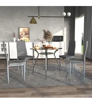 Juego Mesa de Comedor y 4 Sillas Conjunto de Muebles de 5 Piezas Mesa Redonda Ø90x75 cm y 4 Sillas 42x52x96 cm Gris