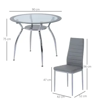Juego Mesa de Comedor y 4 Sillas Conjunto de Muebles de 5 Piezas Mesa Redonda Ø90x75 cm y 4 Sillas 42x52x96 cm Gris