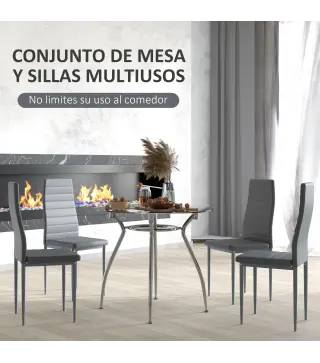 Juego Mesa de Comedor y 4 Sillas Conjunto de Muebles de 5 Piezas Mesa Redonda Ø90x75 cm y 4 Sillas 42x52x96 cm Gris