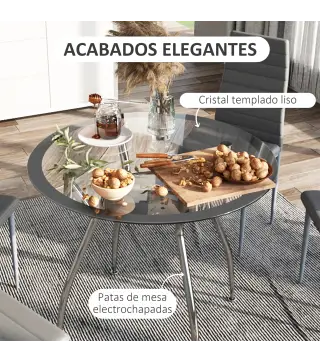 Juego Mesa de Comedor y 4 Sillas Conjunto de Muebles de 5 Piezas Mesa Redonda Ø90x75 cm y 4 Sillas 42x52x96 cm Gris