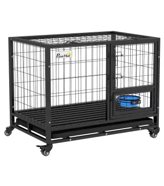 Jaula para Perros con Soporte de Cuenco Bandeja Extraíble Ruedas y Puerta Doble Desmontable 92x62x73 cm Negro