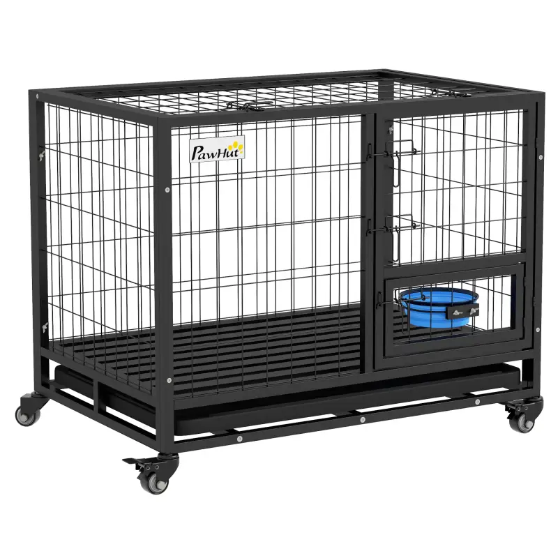Jaula para Perros con Soporte de Cuenco Bandeja Extraíble Ruedas y Puerta Doble Desmontable 92x62x73 cm Negro