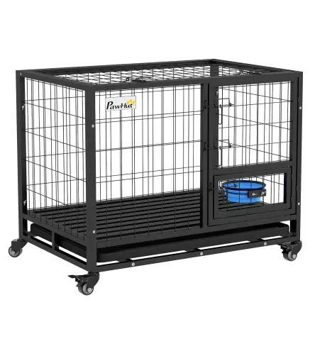 Jaula para Perros con Soporte de Cuenco Bandeja Extraíble Ruedas y Puerta Doble Desmontable 92x62x73 cm Negro