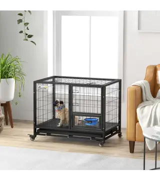 Jaula para Perros con Soporte de Cuenco Bandeja Extraíble Ruedas y Puerta Doble Desmontable 92x62x73 cm Negro