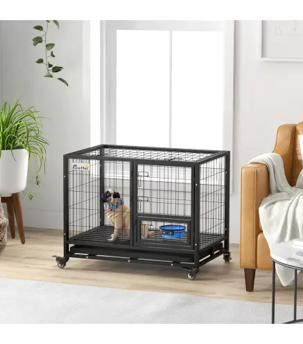 Jaula para Perros con Soporte de Cuenco Bandeja Extraíble Ruedas y Puerta Doble Desmontable 92x62x73 cm Negro