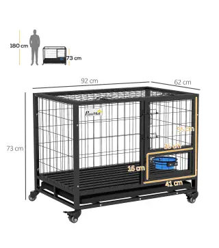 Jaula para Perros con Soporte de Cuenco Bandeja Extraíble Ruedas y Puerta Doble Desmontable 92x62x73 cm Negro