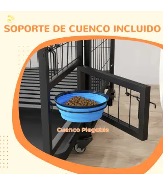 Jaula para Perros con Soporte de Cuenco Bandeja Extraíble Ruedas y Puerta Doble Desmontable 92x62x73 cm Negro