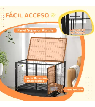 Jaula para Perros con Soporte de Cuenco Bandeja Extraíble Ruedas y Puerta Doble Desmontable 92x62x73 cm Negro