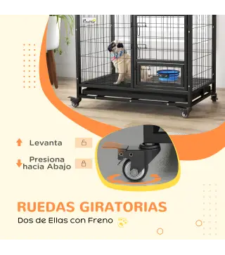 Jaula para Perros con Soporte de Cuenco Bandeja Extraíble Ruedas y Puerta Doble Desmontable 92x62x73 cm Negro