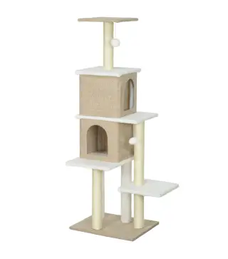 Árbol Rascador para Gatos de Borreguito de 140 cm con 2 Cuevas Plataformas Bolas Colgantes y Poste de Sisal Marrón Claro
