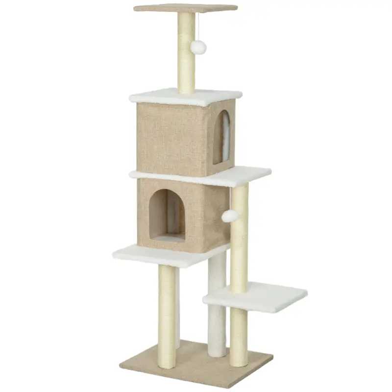Árbol Rascador para Gatos de Borreguito de 140 cm con 2 Cuevas Plataformas Bolas Colgantes y Poste de Sisal Marrón Claro