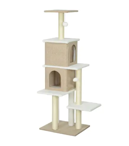 Árbol Rascador para Gatos de Borreguito de 140 cm con 2 Cuevas Plataformas Bolas Colgantes y Poste de Sisal Marrón Claro