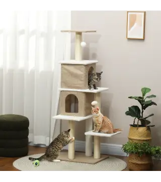 Árbol Rascador para Gatos de Borreguito de 140 cm con 2 Cuevas Plataformas Bolas Colgantes y Poste de Sisal Marrón Claro
