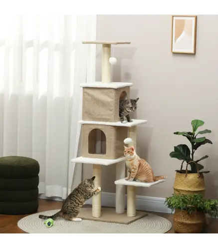 Árbol Rascador para Gatos de Borreguito de 140 cm con 2 Cuevas Plataformas Bolas Colgantes y Poste de Sisal Marrón Claro
