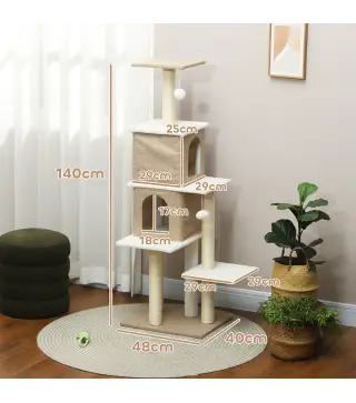 Árbol Rascador para Gatos de Borreguito de 140 cm con 2 Cuevas Plataformas Bolas Colgantes y Poste de Sisal Marrón Claro