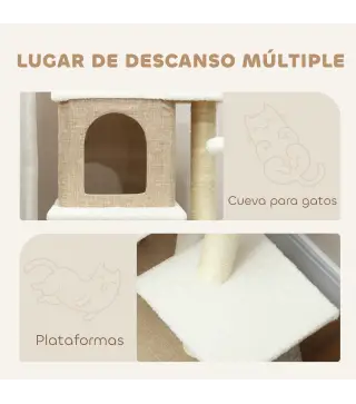 Árbol Rascador para Gatos de Borreguito de 140 cm con 2 Cuevas Plataformas Bolas Colgantes y Poste de Sisal Marrón Claro