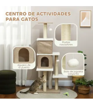 Árbol Rascador para Gatos de Borreguito de 140 cm con 2 Cuevas Plataformas Bolas Colgantes y Poste de Sisal Marrón Claro