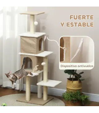 Árbol Rascador para Gatos de Borreguito de 140 cm con 2 Cuevas Plataformas Bolas Colgantes y Poste de Sisal Marrón Claro