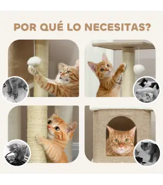 Árbol Rascador para Gatos de Borreguito de 140 cm con 2 Cuevas Plataformas Bolas Colgantes y Poste de Sisal Marrón Claro