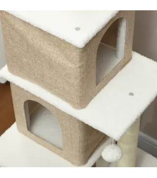 Árbol Rascador para Gatos de Borreguito de 140 cm con 2 Cuevas Plataformas Bolas Colgantes y Poste de Sisal Marrón Claro