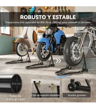 Caballete de Moto Carga 390 kg Soporte Delantero y Trasera Universal Elevador de Moto de Acero con Ruedas Negro